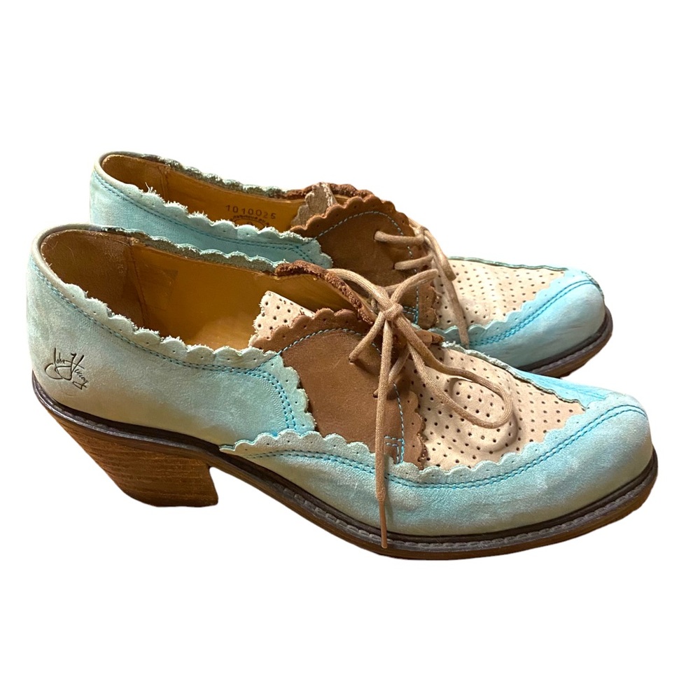 John Fluevog Elise Blue Pointy Toe Heeled Oxford Shoes Sz 9
